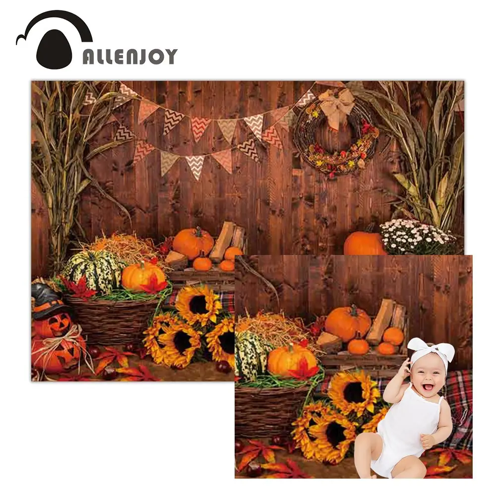 

Allenjoy Fall Photography Backdrop Wood Wall Barn Harvest Autumn Pumpkins Maple Leaves Sunflower Decor Baby Shower Party Banner