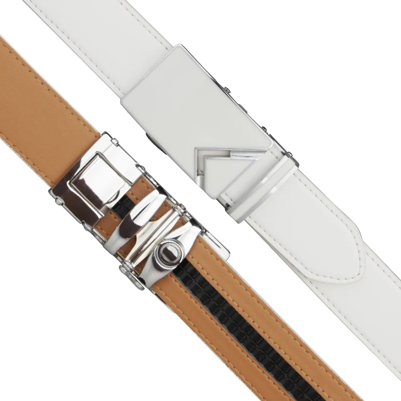 New Fashionable White Men Belts Automatic Alloy Buckle Male Belt Genuine Cowskin Leather Golf Belt Plus Size 130cm