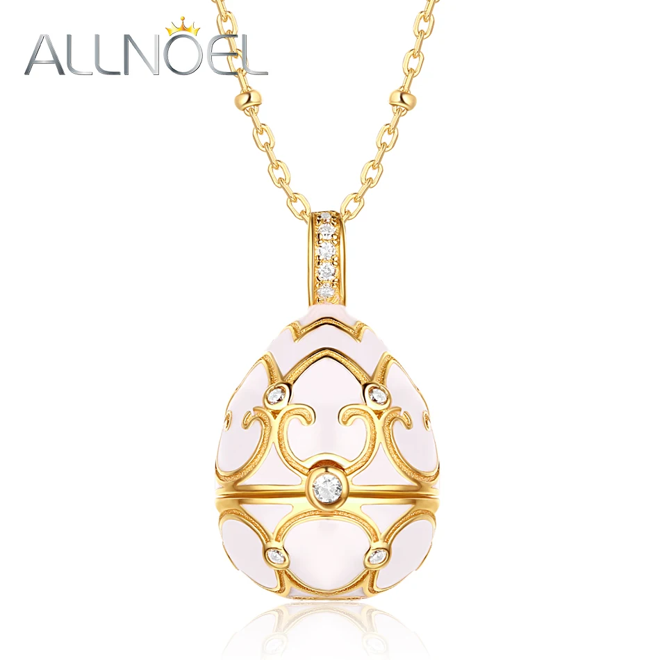 ALLNOEL Enamel Locket 925 Sterling Silver Egg Pendant White Red Charm Sweater Necklace For Women 750mm Long Gold Chain Jewelry