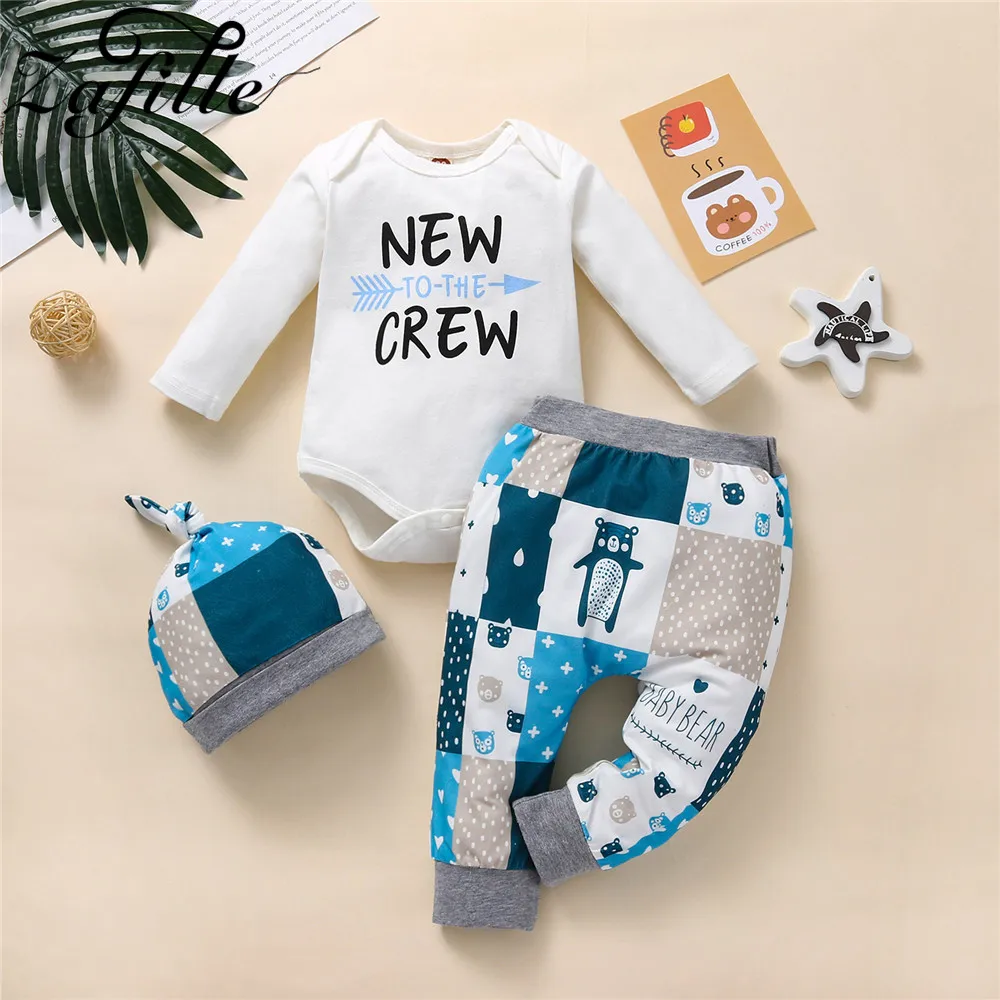 ZAFILLE 2023 Newest Winter Baby Costume For Boy Letter Bodysuit Romper+Print Pants+Hat 3pcs Newborn Clothes 0-9 Months Boy Sets