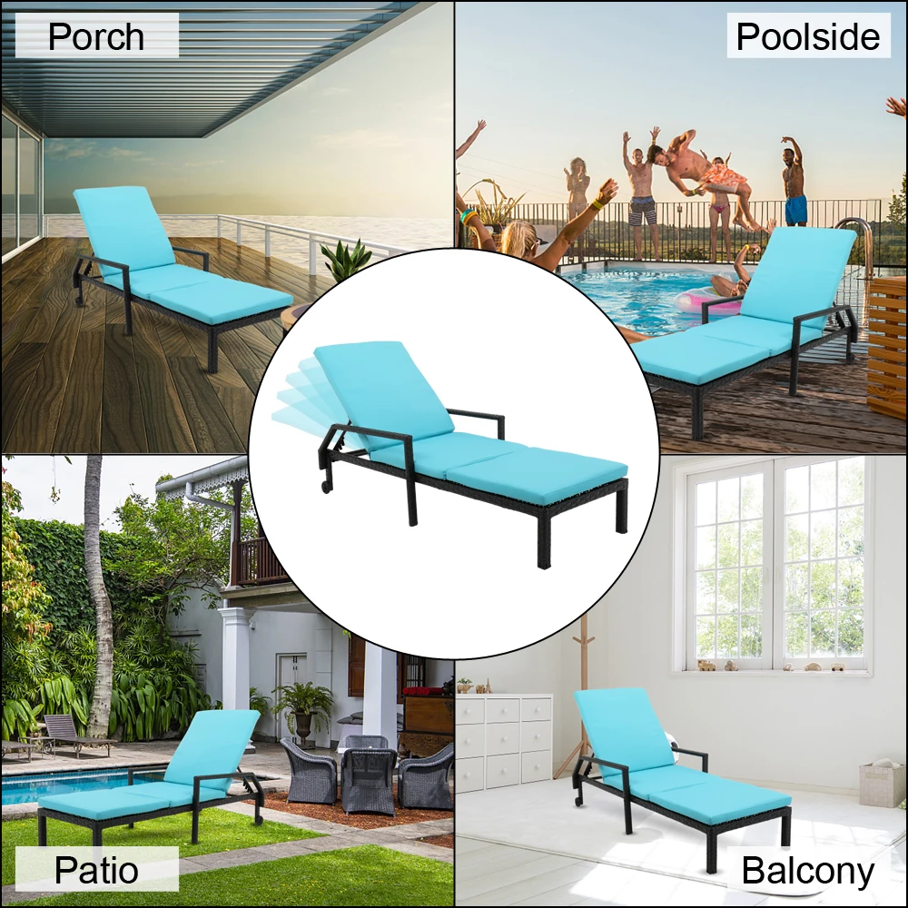 Wheeled Bed Outdoor Chaise Foldable PE Rattan Iron Polyester Cloth Vertical Cotton with Matching Mat