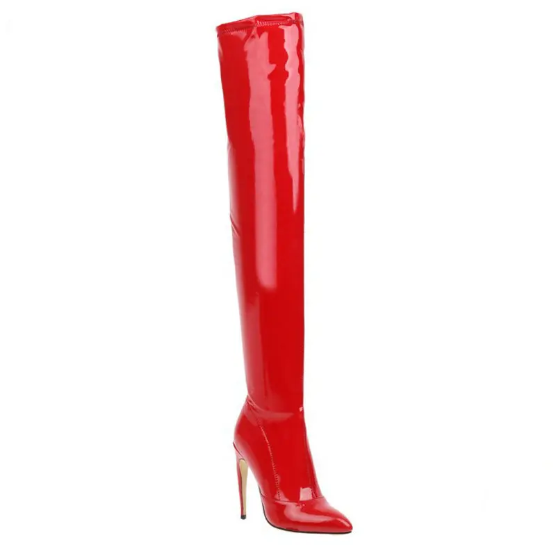 Extra big size 47 48 49 ladies super thin high heels socks booties patent PU leather womens stretch thigh high boots overknees