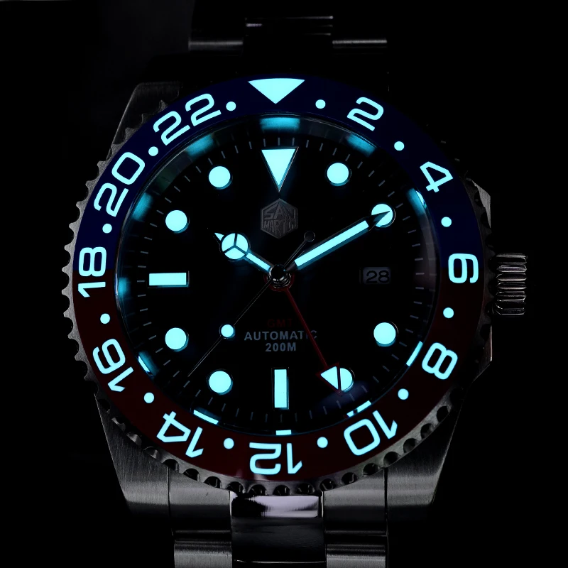 San Martin Men GMT Watch Mens Automatic Watches Luxury Wristwatch Diver 20Bar Waterproof 120 Clicks BGW-9 Luminous Ceramic Bezel