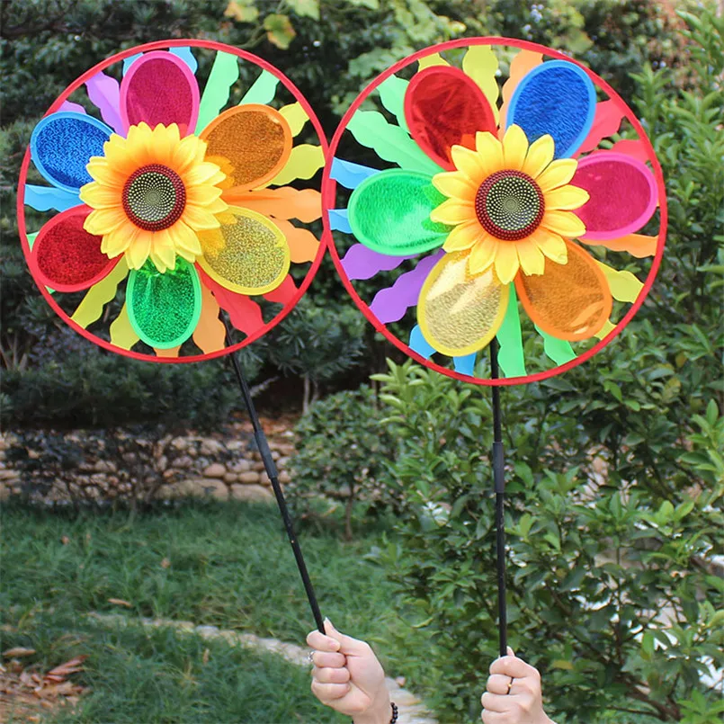 Children Colorful 3D Sunflower Windmill Toy DIY Handmade Classic Sequins Wind Spinner Garden Yard Decoration Outdoor Kids Toy