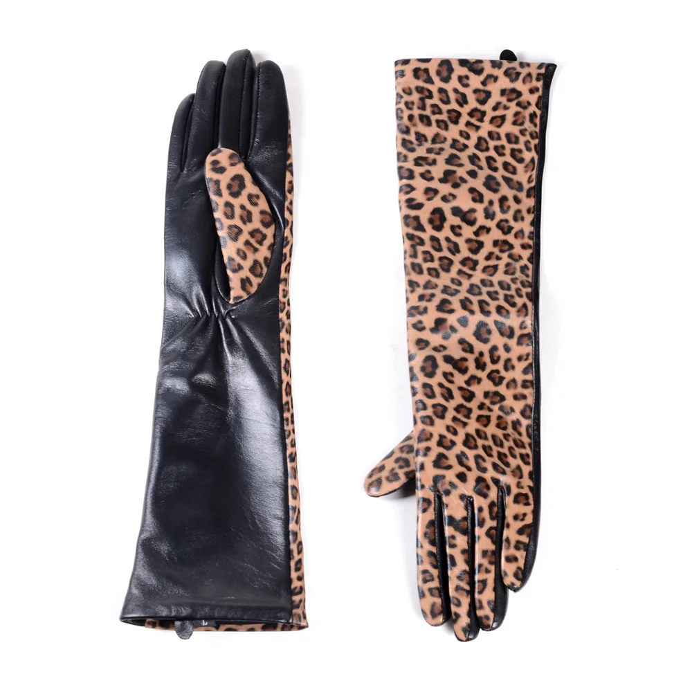 40cm Women's Ladies Real Leather Leopard Print Leather Punk Touch Screen Evening Party Opera/long Gloves