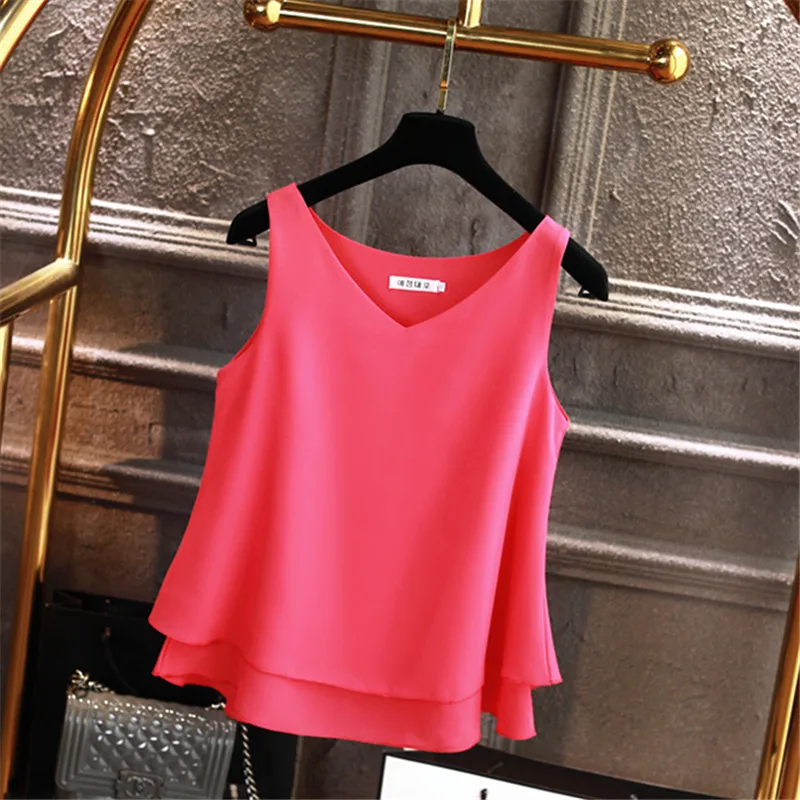 2022 New Fashion Women\'s Blouses Summer Sleeveless Chiffon Shirt Solid V-neck Casual Blouse Loose Oversized Female Tops blusas