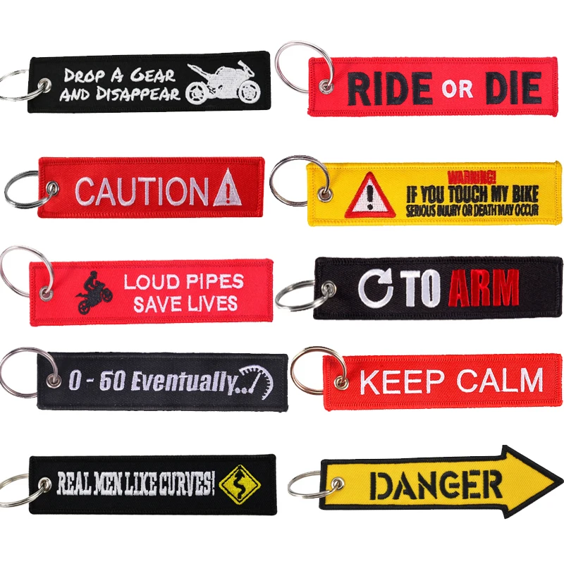 Keychain Car Novelty Double Side Embroidery Car Ring Motorcycle Danger Caution Key Tag Key Chain for Men Fashion Keychains Gift