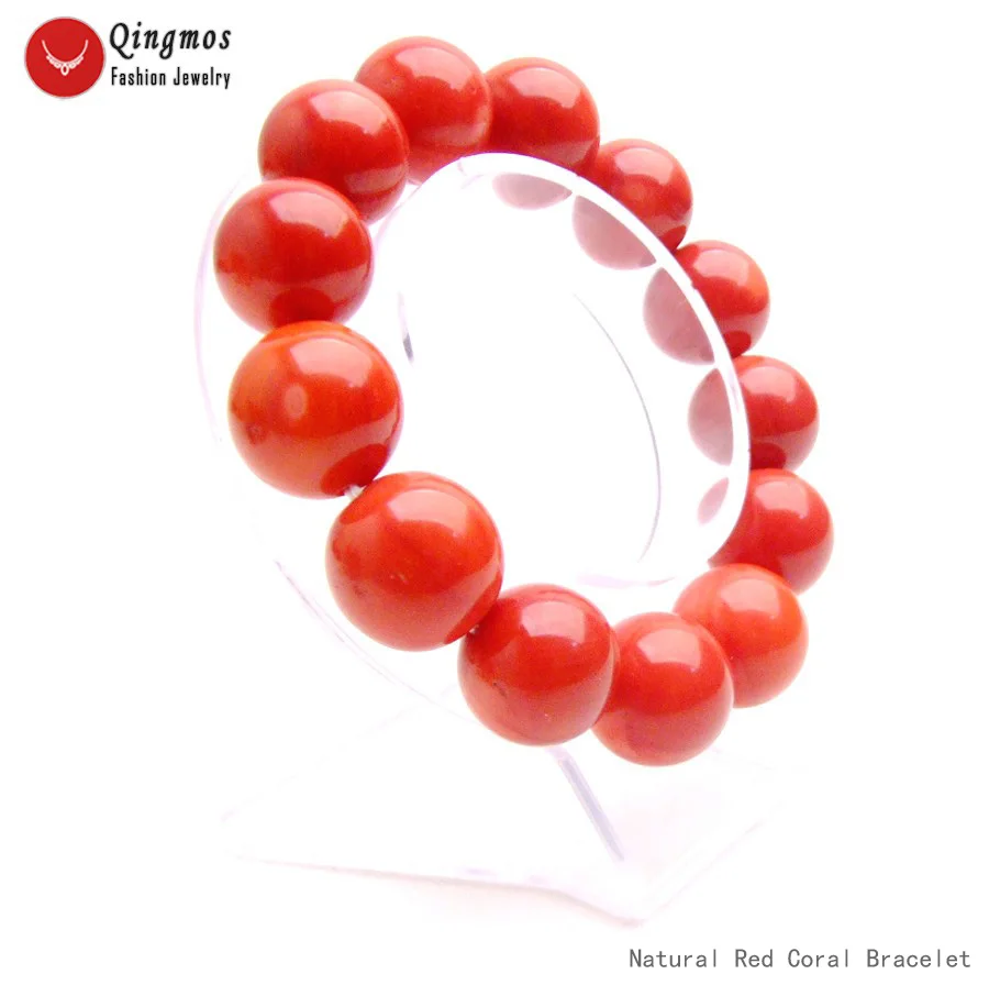 

Qingmos Natural Red Coral Bracelet for Women with High Quality GENUINE 15-16mm Round Red Coral Bracelets 8" Elastic Rope String