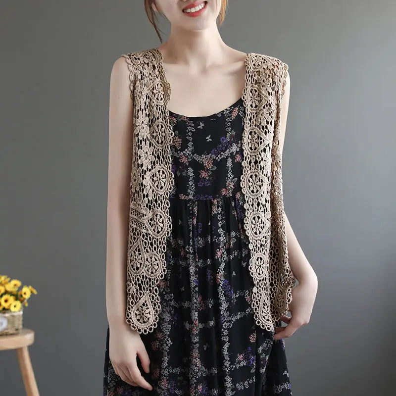 

YASUGUOJI Asymmetric Floral Crochet Knitted Vest Jacket 2021 Autumn Women Retro Sleeveless Cardigan Ladies Embroidery Waistcoat