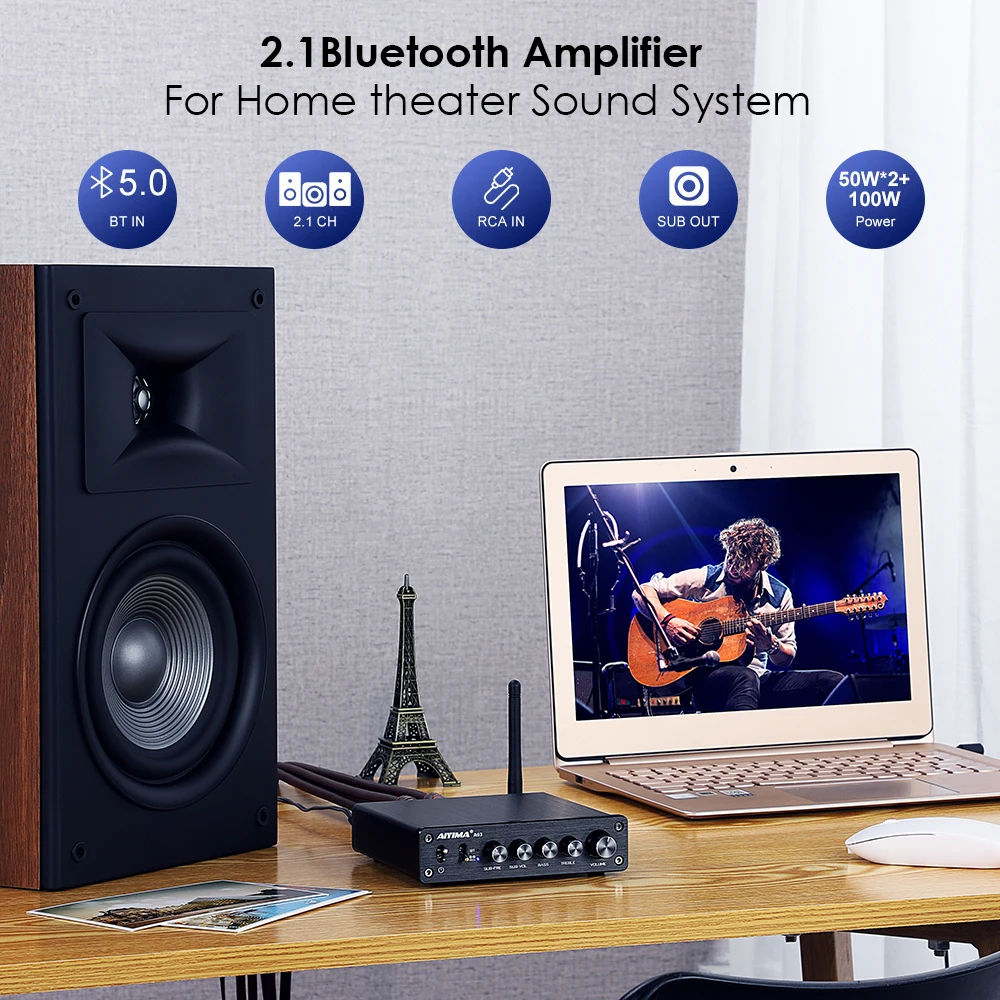 AIYIMA A03 TPA3116 Amplificador Subwoofer Audio Bluetooth Sound 2.1 50Wx2+100W HiFi TPA3116D2 Digital Power Home Amplifier