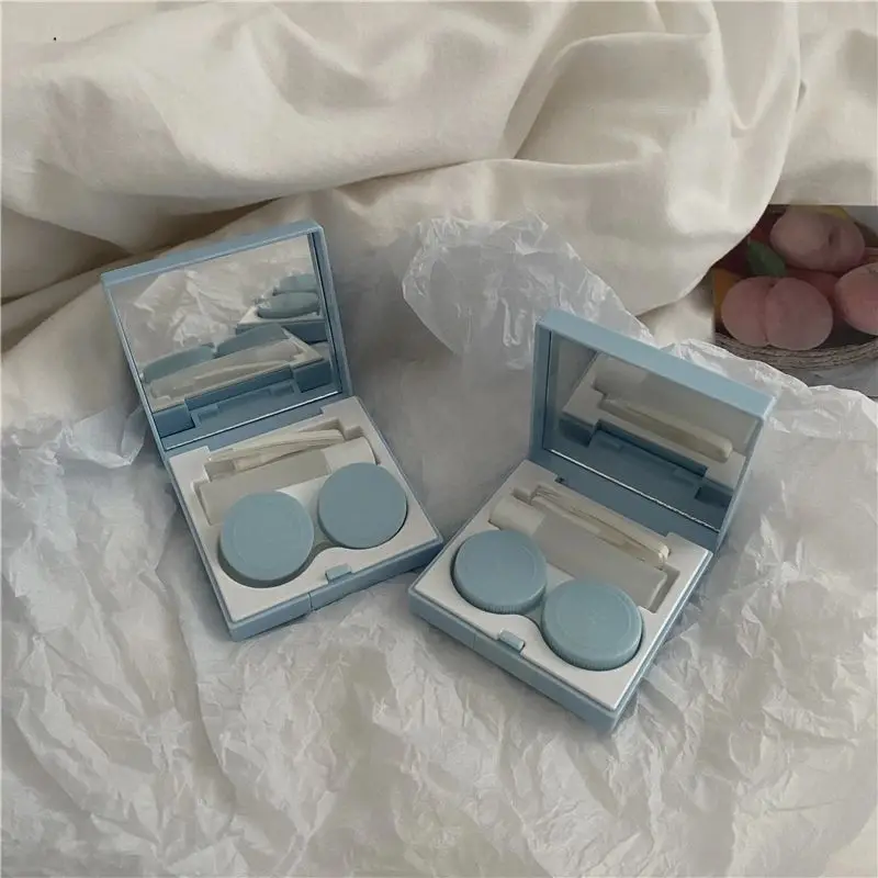 Eye contact lens case for men and women cute mini solid color contact lens container eye care kit lens with tweezers