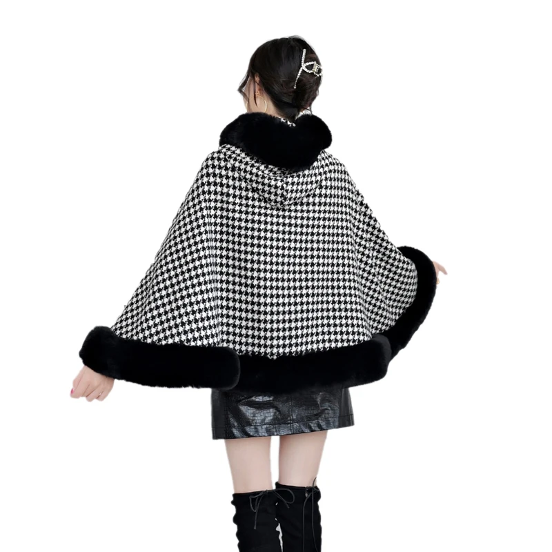 Vintage Knit Houndstooth Faux Rex Rabbit Fur Shawl Winter Women Cape Hooded Swallow Gird Pashmina Cloak Wraps 2022 Autumn New