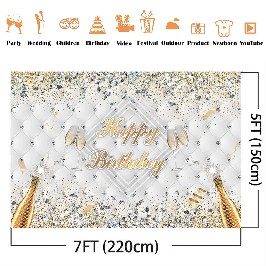 Happy birthday adult party decoration backdrop glitter shiny diamonds Champagne women birthday photo background banner decor