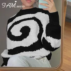 Paisley Print Oversized Sweater Women Harajuku Loose Knitted Pullovers O-neck Vintage Jumpers Korean Knitwear Fall Iamhotty