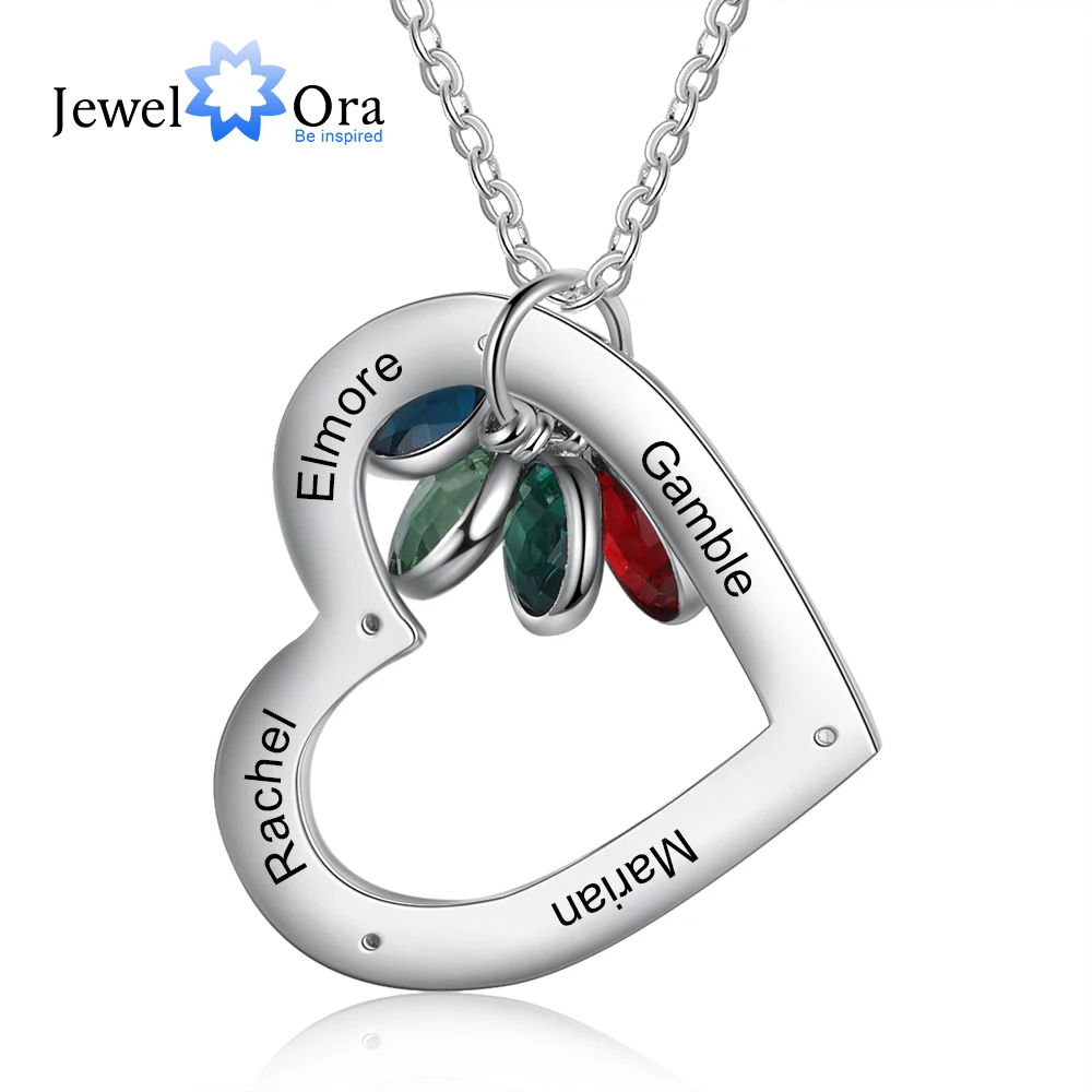 JewelOra Personalized Engraved Family Names Heart Necklace Stainless Steel Pendant Customize Birthstone Jewelry Christma Gifts