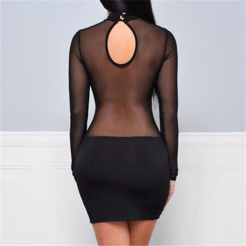 Sexy kobiety sukienka przepuszczalność Mesh bandaż Bodycon z długim rękawem kobiety odzież wieczorowa, Sexy odzież klubowa Sexy Mini sukienka w