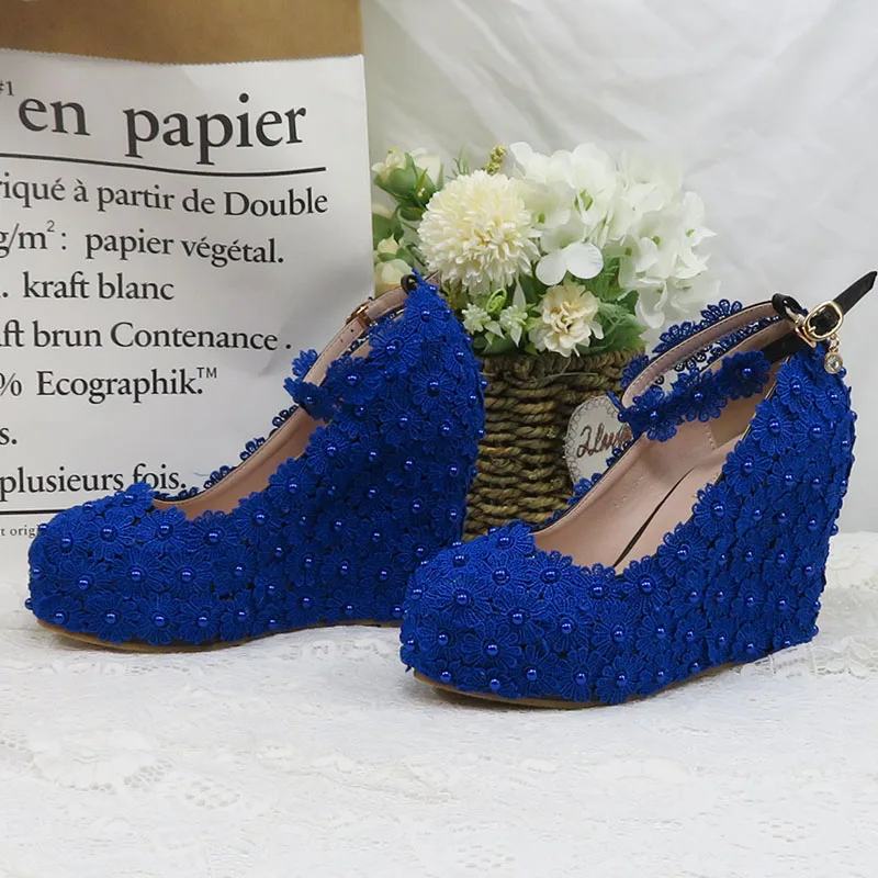 BaoYaFang  Royal Blue Ankle Strap Wedding shoes high heels platform shoes Wedges Flower Woman Pumps High Shoes Buckle Round Toe