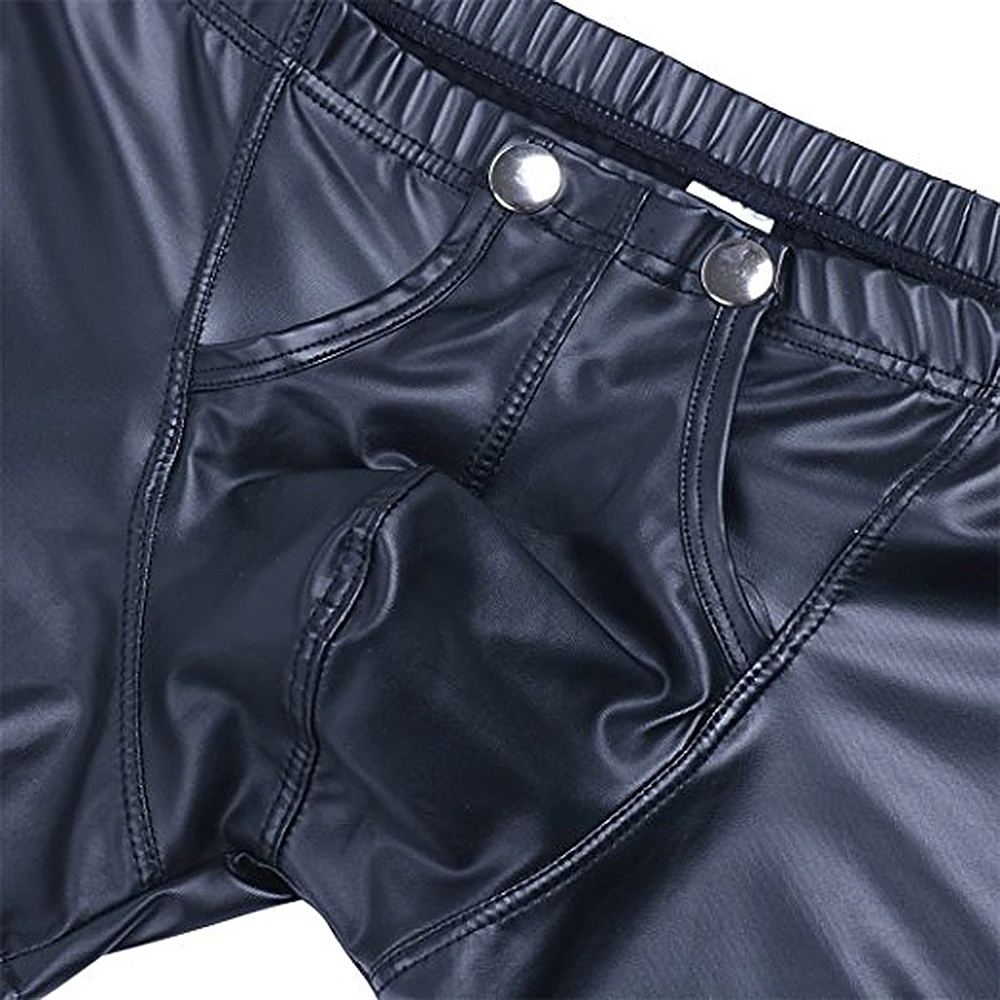 Boxers sexy de crotch aberto para homens, lingerie de couro falso, bolsa convexa em U, shorts pretos, roupas íntimas masculinas gays, palco