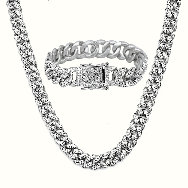 

Iced Out Paved Rhinestone Link Chain 12MM Miami Gold Cuban Chain Bling Rapper Necklace Bracelet for Men HipHop Jewelry Men