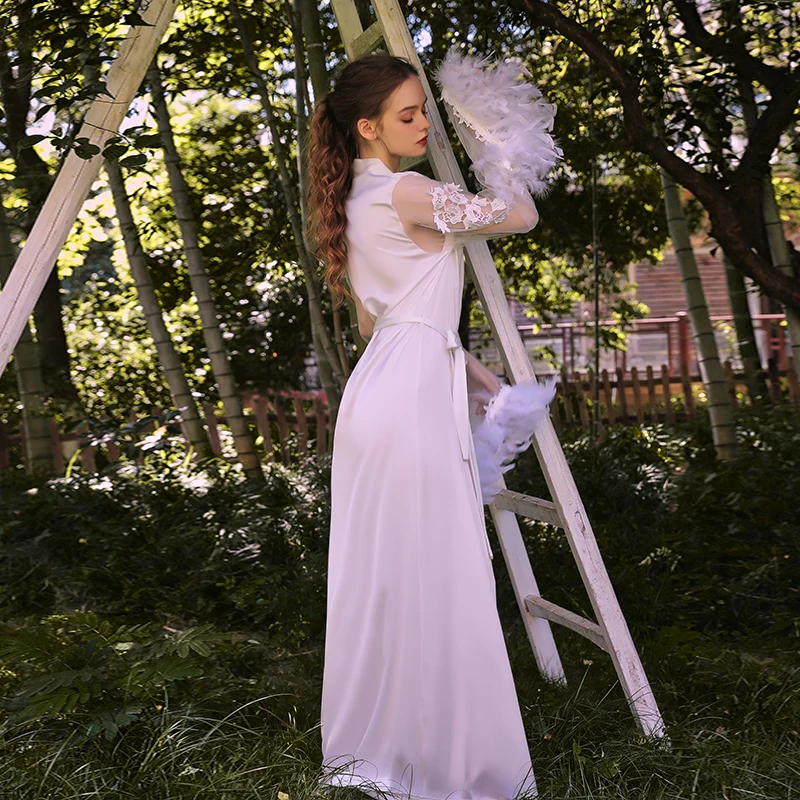 Womens Nightwear Sexy Long Lace Lingerie Bath Robe Gown Imitation Ice Silk Nightdress Floral Bathrobe Kimono Nightgown Wedding