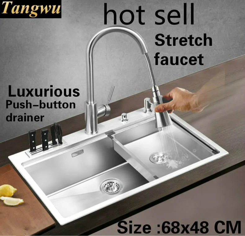 

Free shipping Apartment luxury push button drainer kitchen manual sink single trough 304 stainless steel hot sell 68x48 CM