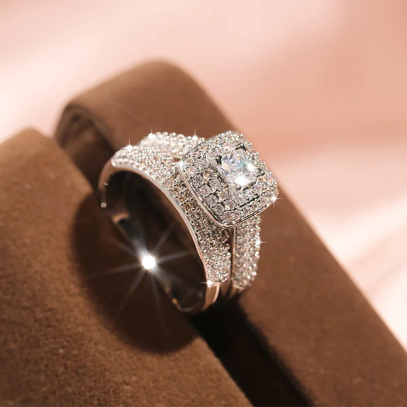 925 Sterling Silver Luksusowy 2-częściowy zestaw obrączek ślubnych dla kobiet Pierścionki na palce do układania w stosy Prezent walentynkowy