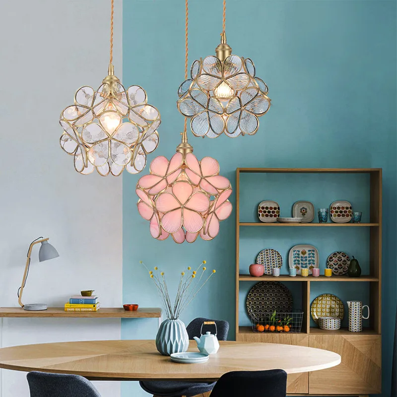 Energy Saver-IWHD Nordic Flower Copper Pendant Lighting Fixtures Bedroom Dinning Living Room Glass LED Pendant Light Fixtures