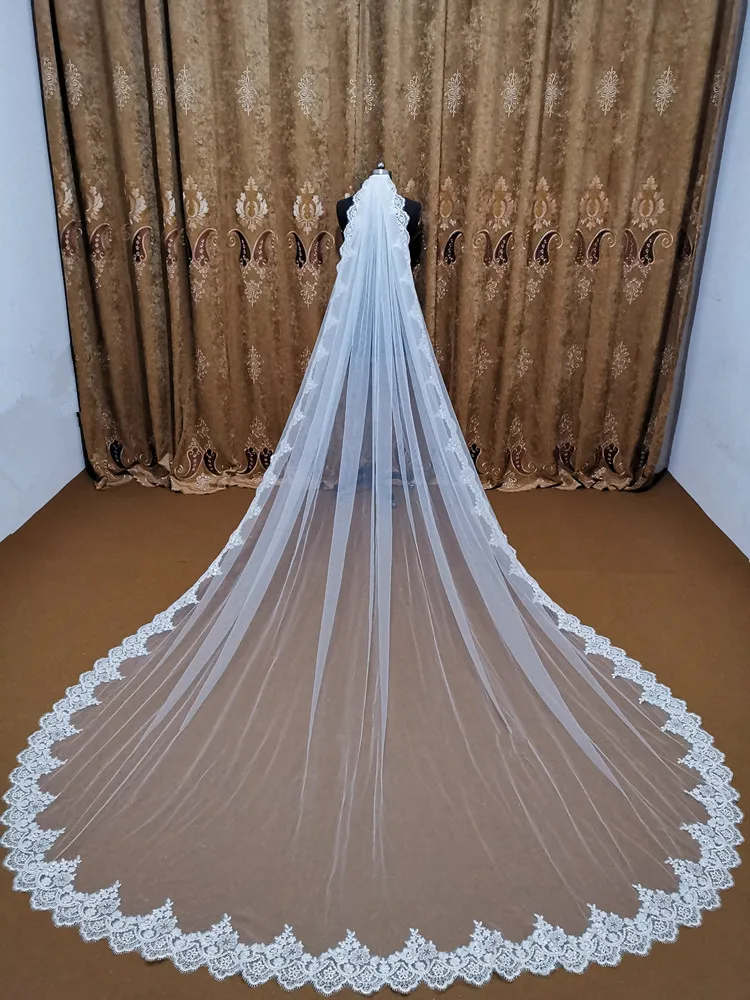 5เมตรสีขาวงาช้างแต่งงาน Wedding Veils Long Lace Edge ผ้าคลุมหน้าเจ้าสาวด้วยหวีอุปกรณ์จัดงานแต่งงานเจ้าสาว Veu