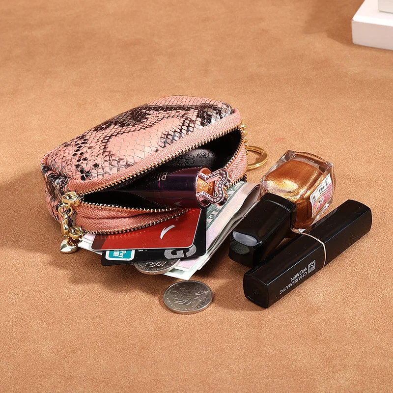 New Coin Purse European And American Snake Pattern Head Layer Cowhide Women's Double Zipper Large-Capacity Keychain Leather