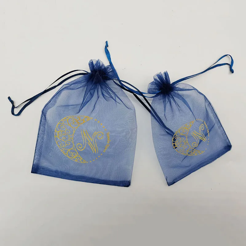 100pcs Customized personalized Logo Drawstring navy blue Organza Bags small Pouches Jewelry Package Bags jewels Organizer Bag