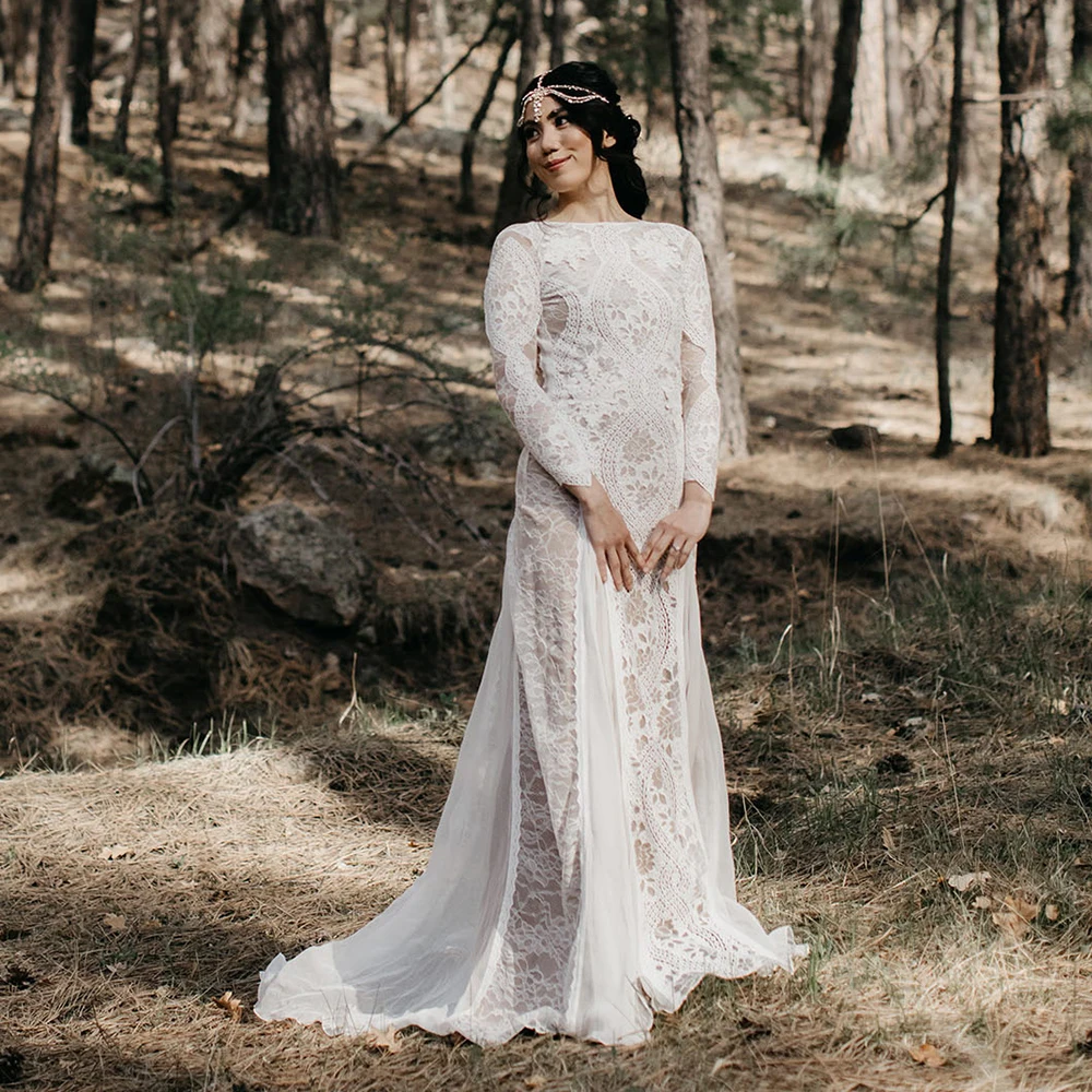 Robe de mariée en dentelle Boho Elopement Beach, manches longues, col bateau, sur mesure, drop sunshine, grande taille, perles, mousseline de soie, patients, quoi que ce soit