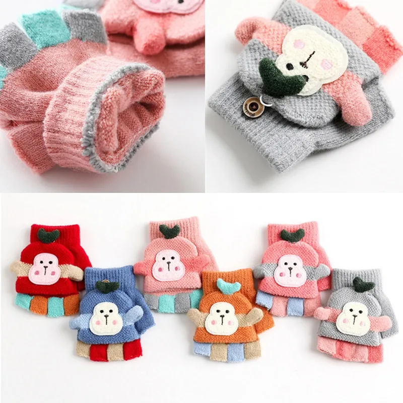 

1 Pair Baby Children Winter Gloves Cartoon Half Finger Gloves Elastic Warm Knitted Mittens for 1-5 Years Kids Boys&Girls Outdoor