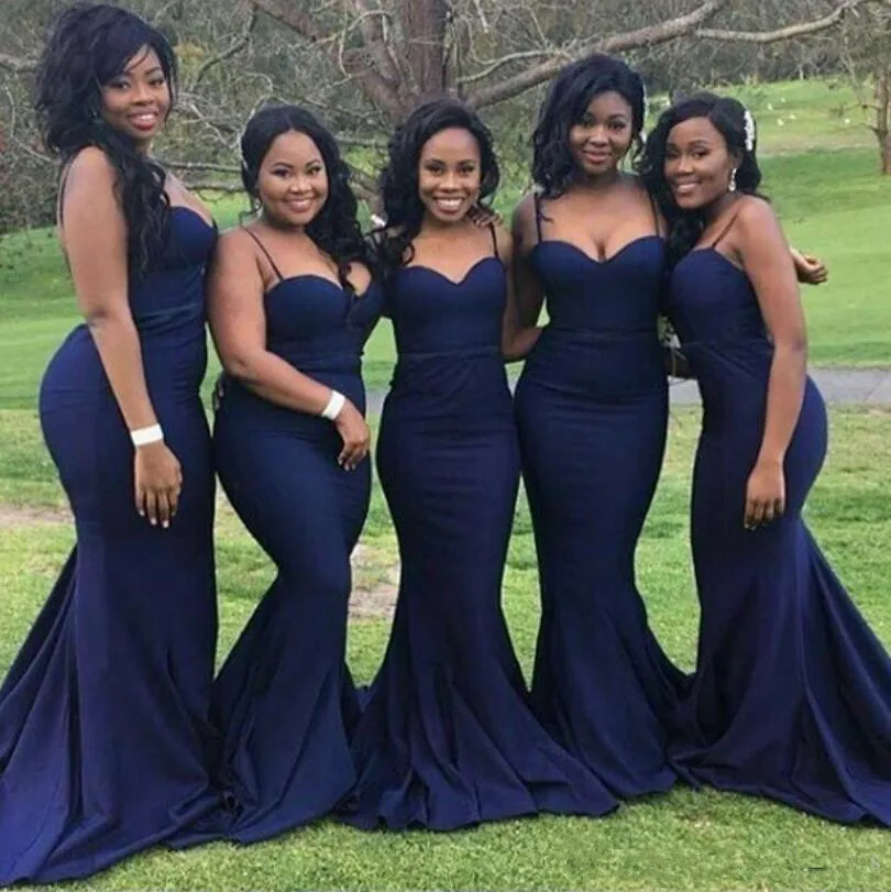 

Navy Blue Cheap Bridesmaid Dresses Under 50 Mermaid Spaghetti Straps Long Wedding Party Dresses For Women