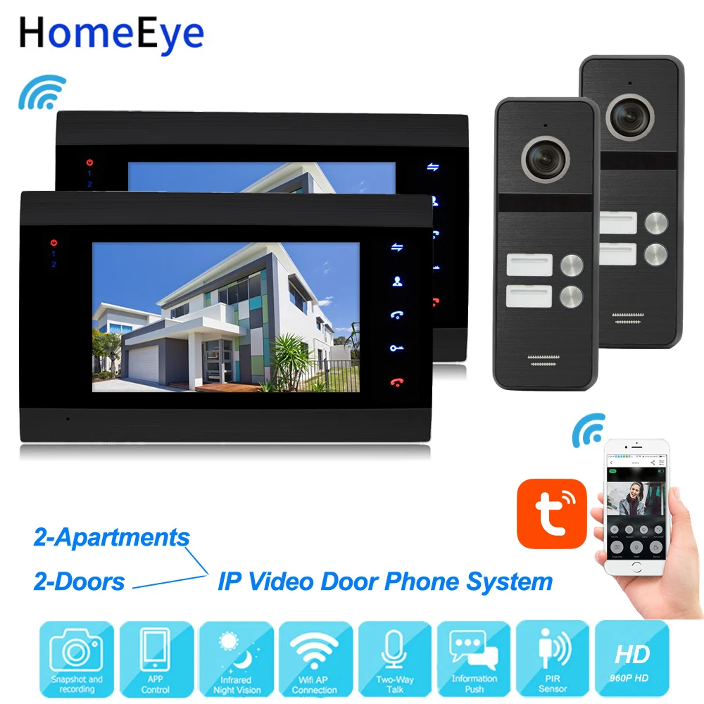 TuyaSmart App Remote Unlock IP Video Door Phone WiFi Video Intercom 2-Apartments2-Doors 960P Home Security Access Control System