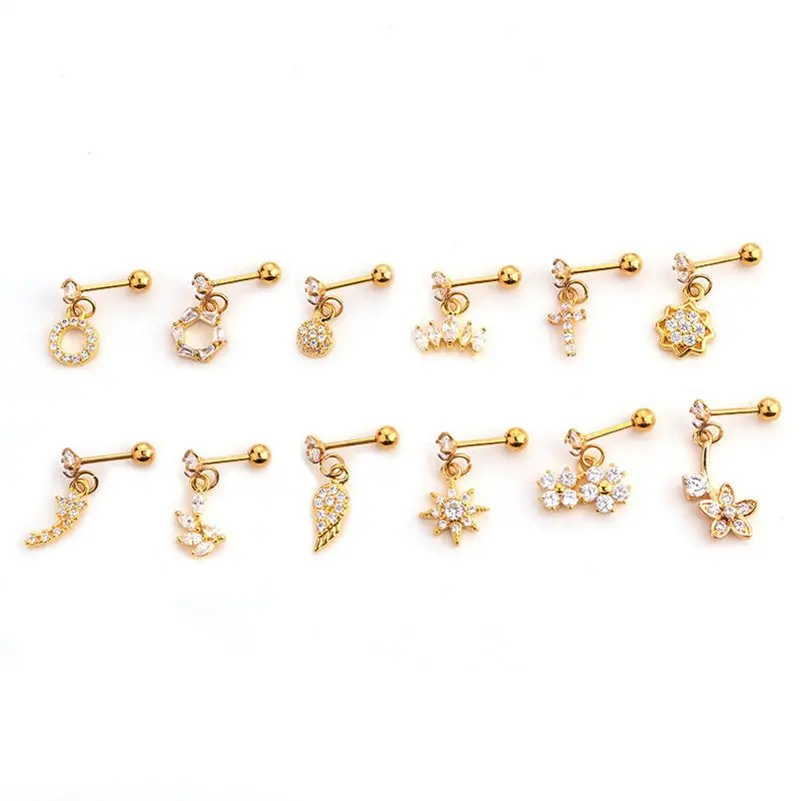 1PC CZ Cross Heart Flower Pendant Dangle Cartilage Earring Helix Tragus Rook Lobe Ear Piercing Jewelry