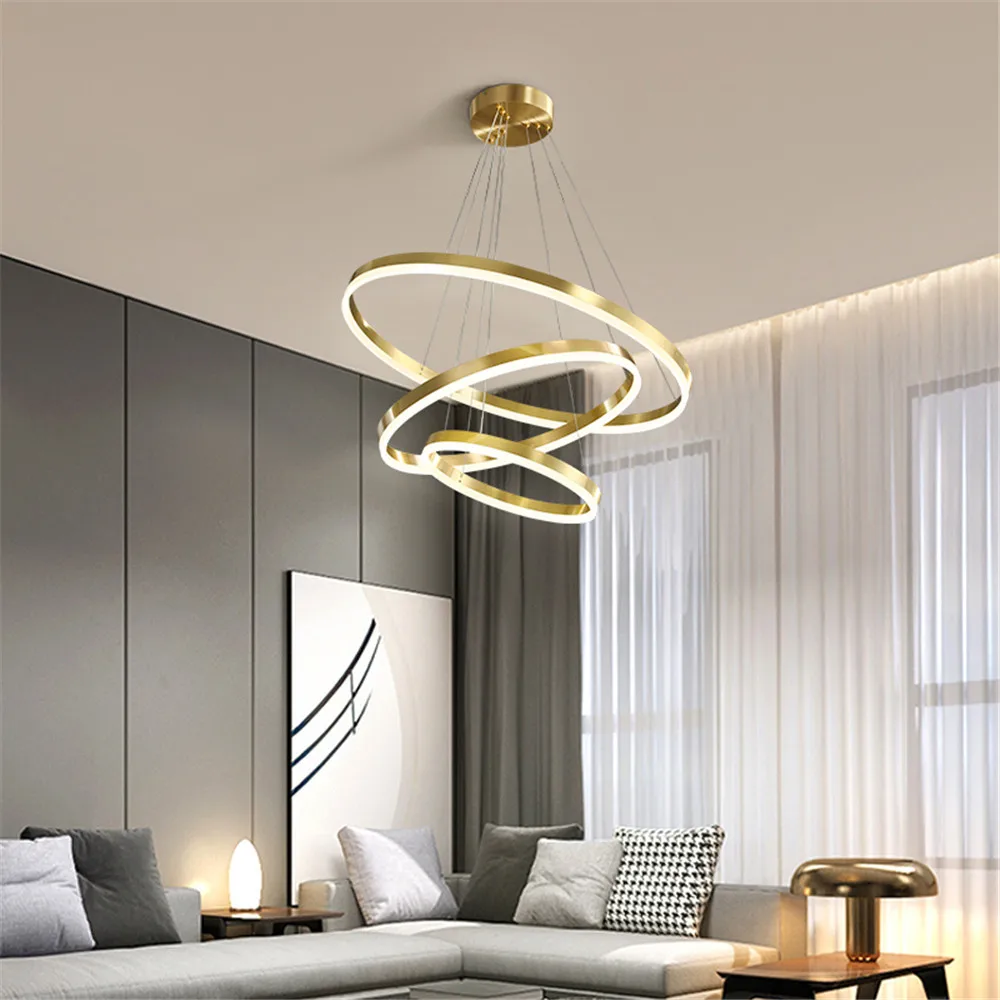 RC يعتم الحديثة Led الفاخرة ثريا نحاسية حلقات الإضاءة المنزلية السقف شنت أضواء الثريا تركيبات إضاءة داخلية