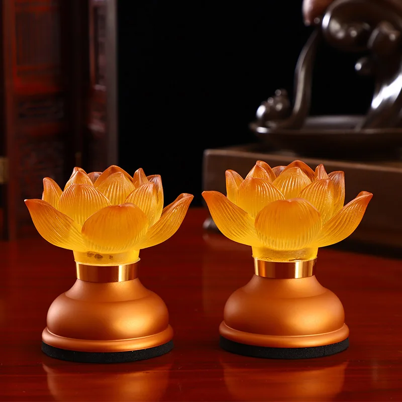 

Buddha Glass Lotus Lamp Home Charging Glass Led Coloured Glaze Lotus Light Permanent To Worship Buddha Front Lamp A Pair 3.5inch