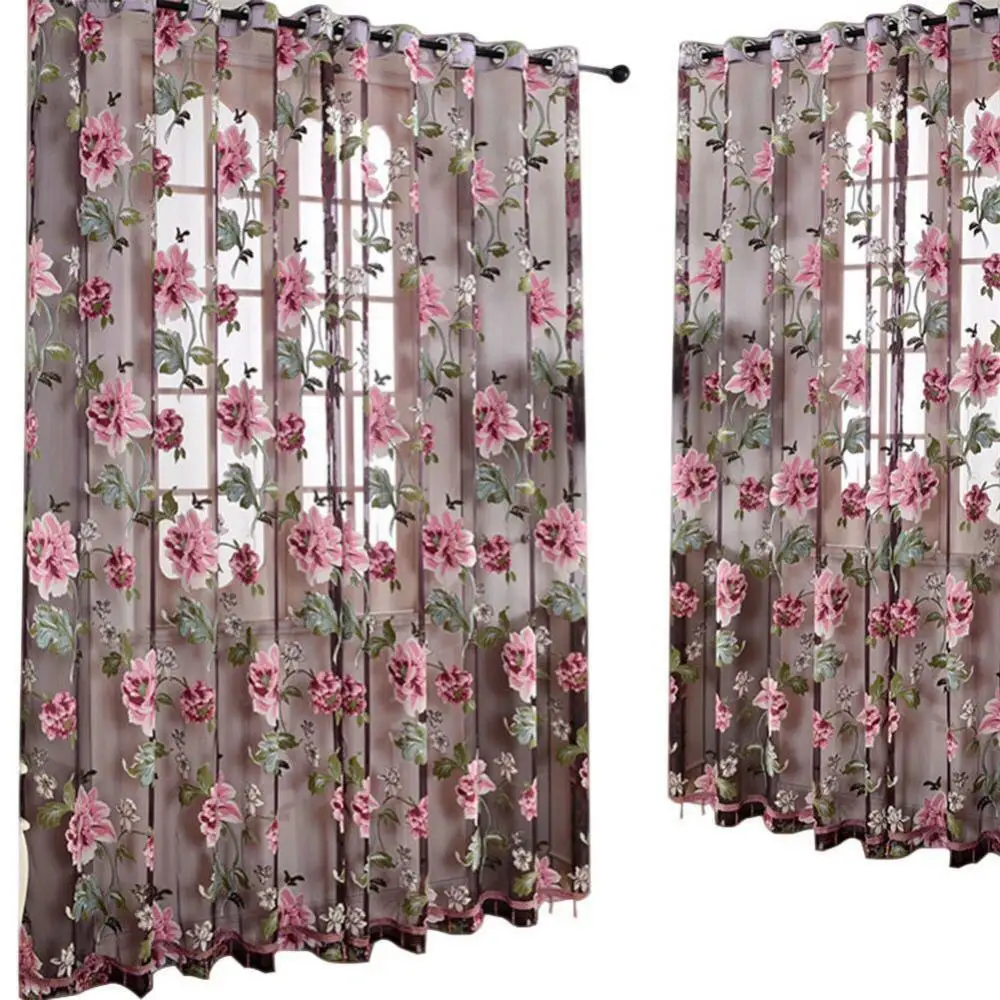 Window Peony Printed Transparent Tulle Curtain For Living Room Bedroom Window Treatment Blinds Finished Drapes Kitchen Curtains