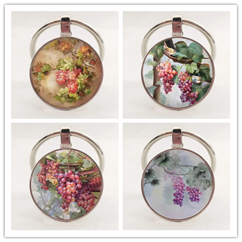 

New grape picture round glass keychain picture Yuguo fragrance food charm keychain men and women jewelry gift