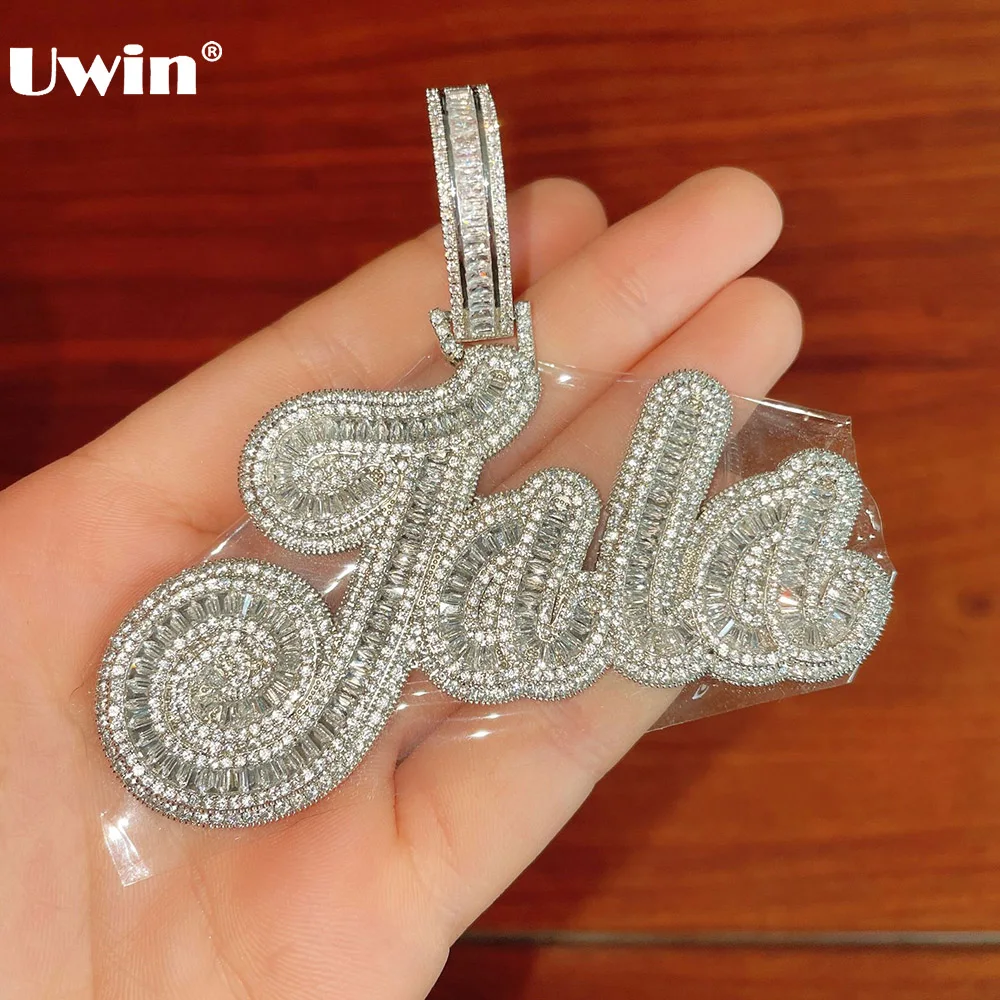 

UWIN Custom Name Pendant Necklace CURSIVE baguettecz Letters Full Iced Out CZ Customized Pendant For Men Hip Hop Jewelry