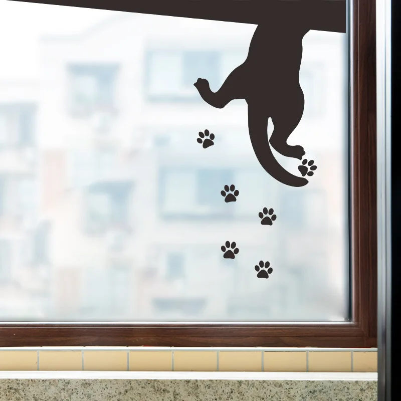 Black Puppy Climbing Footprints Wall Stickers Living Room Cupboard Windows Decoration Wallpaper Home Decor Interesting Sticker