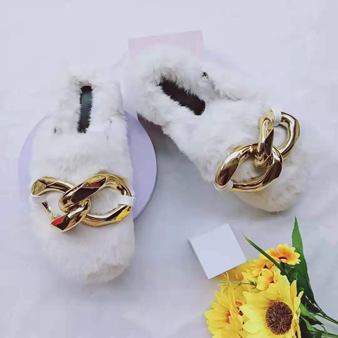 

Metal Chains Fur Slippers High Quality Women Home Slippers Winter New Furry Slides for Ladies Punk Style Warm Indoor Shoes