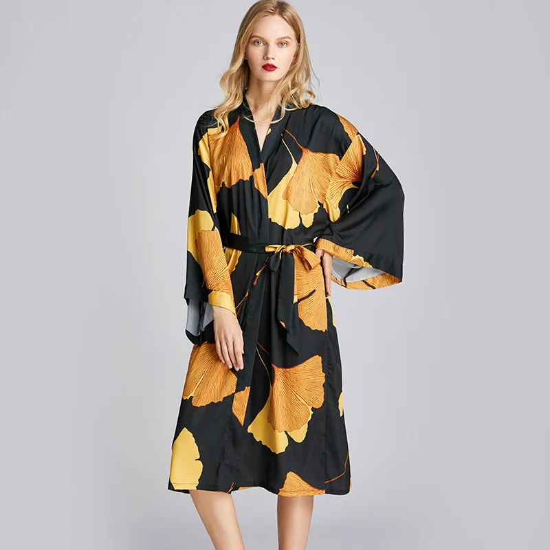 Sexy Silk Bathrobe Women Satin Kimono Robes Ginkgo biloba Print Robes Bridesmaids Long Kimono Robe Bride Silk Robe Dressing Gown