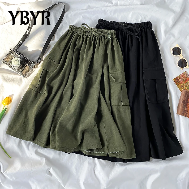 Harajuku Cargo Skirt Women Loose A-line Pocket Solid Midi Long Green Black Skirt Fashion Korean Hip Hop High Waist Streetwear