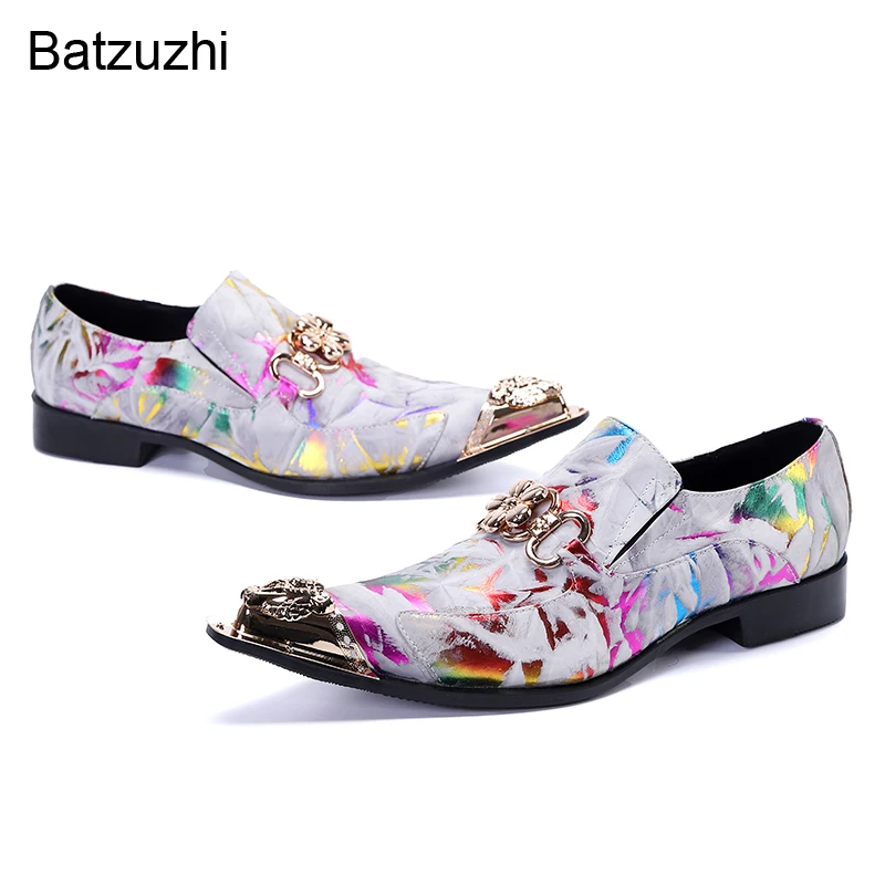 

Batzuzhi Pointed Golden Metal Toe Luxury Handmade Formal Leather Dress Shoes Rainbow Color Party and Wedding Shoes, Big Size 47