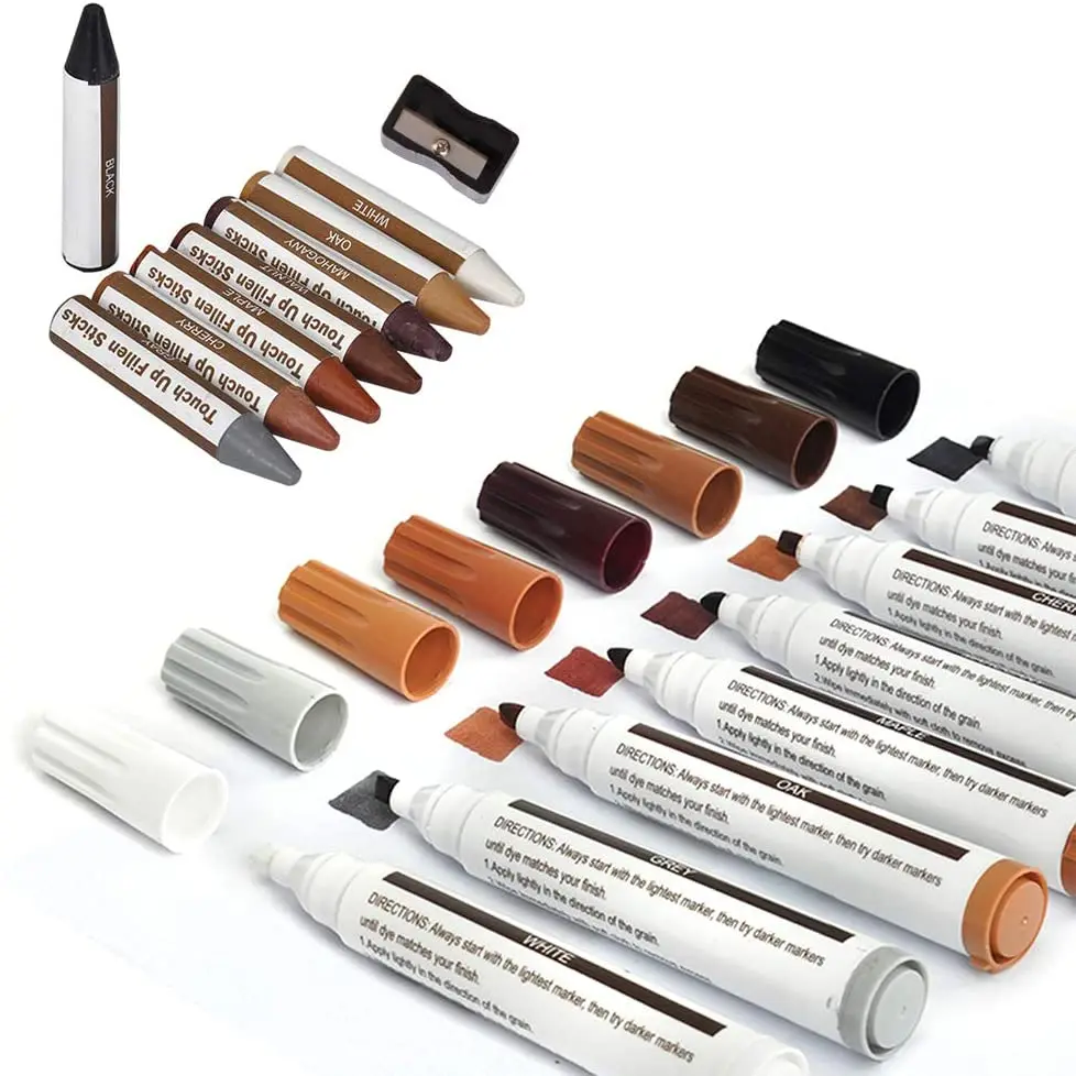 Furniture Touch Up Marker 17PCS Repair Kit Wood Filler Cover Wood Scratch, Wax Sticks for Stains, Scratches, Wood Floors, Desk