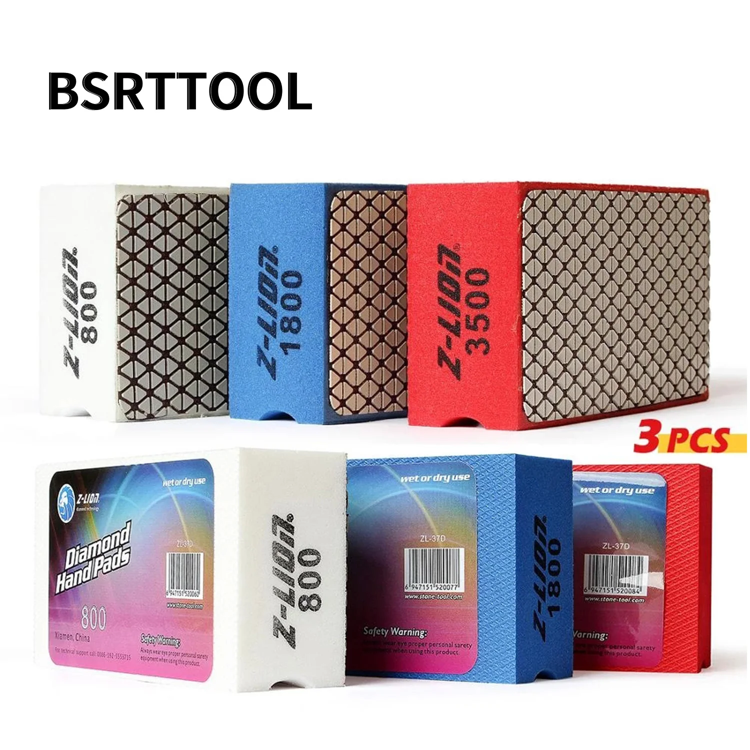 BSRTTOOL 3 Pieces Diamond Hand Polishing Pads For Glass Tile Stone Surface Grinding And Cleaning 800/1500/3500 Grit Block Polish