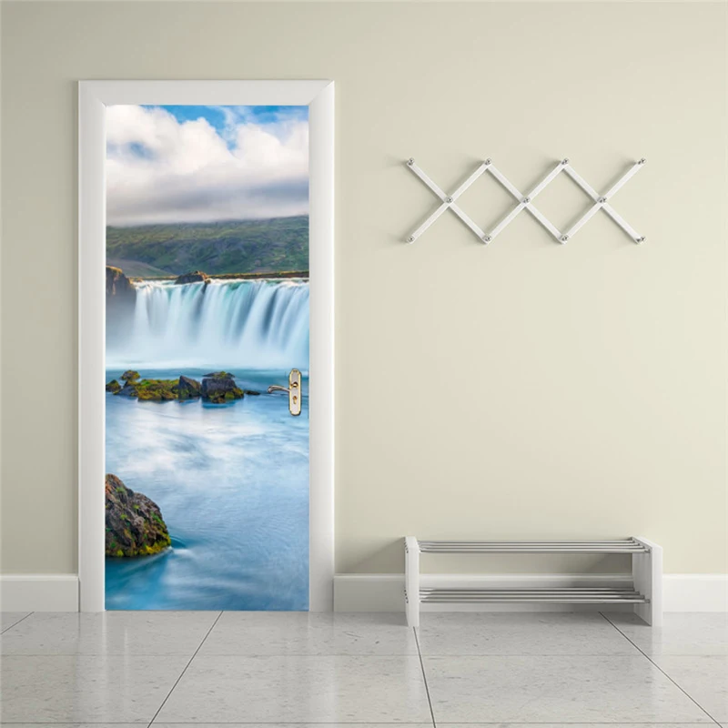 

Self-adhesive landscape waterfall art door sticker home decoration door cover wall sticker mural porch wallpaper poster