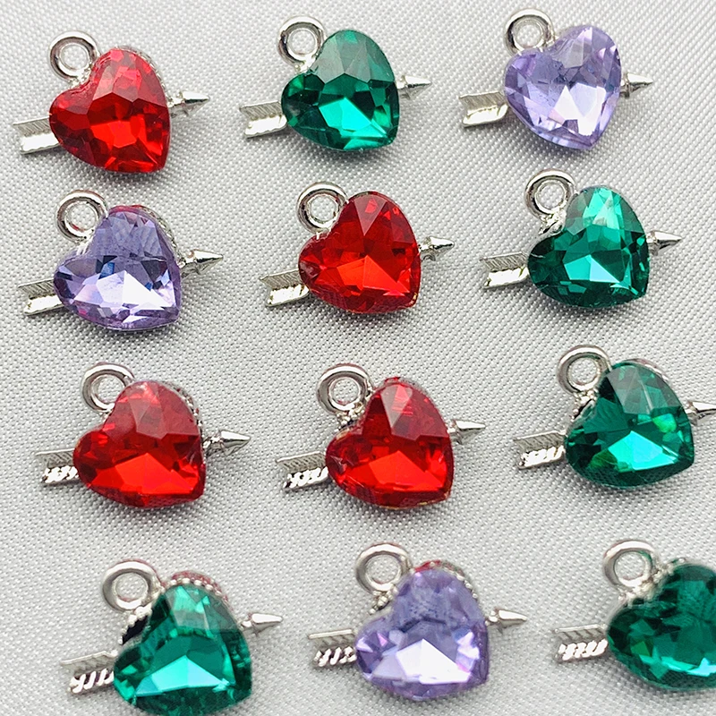 10Pcs/set Multicolor Cupid Arrow Heart Crystal Charms for Making DIY Earrings Necklaces Bracelet Anklet Jewelry Accessories