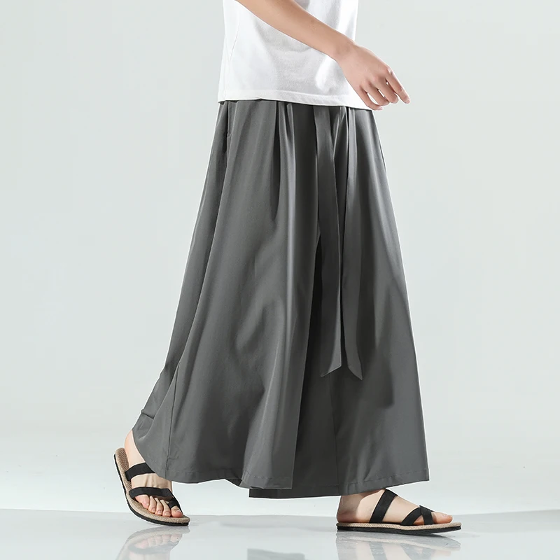 Cozy Black Ice Silk Hakama Kung Fu Pants A Wide Bottom Wushu Kimono Chinese Mens Cotton Wide Pants For Mens East Style Grey
